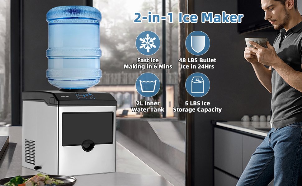 2-in-1 Ice Maker: Fast Ice Making in 6 Mins, 48 LBS Bullet Ice in 24Hrs, 2L Inner Water Tank, 5 LBS Ice Storage Capacity.