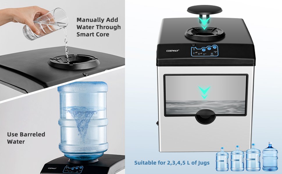 Method of adding water: 1. Manually Add Water Through Smart Core. 2. Use Barreled Water: Suitable for 2,3,4,5 L of Jugs.
