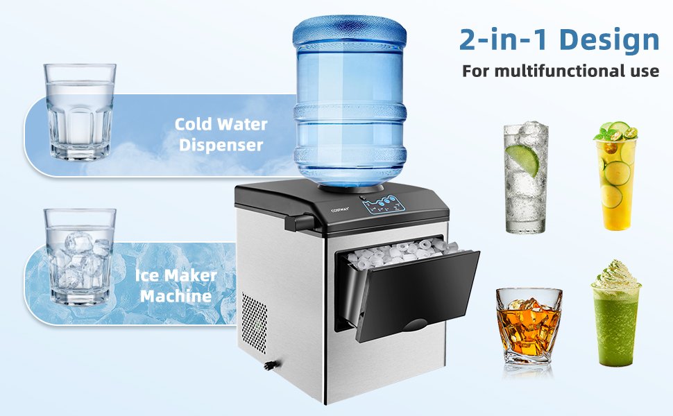 2-in-1 Design For multifunctional use. Cold Water Dispenser, Ice Maker Machine.