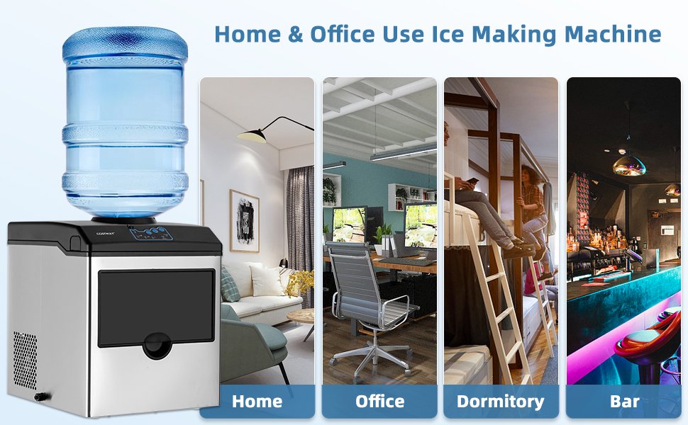 Ice Making Machine usage scenarios: Home, Office, Dormitory, Bar.