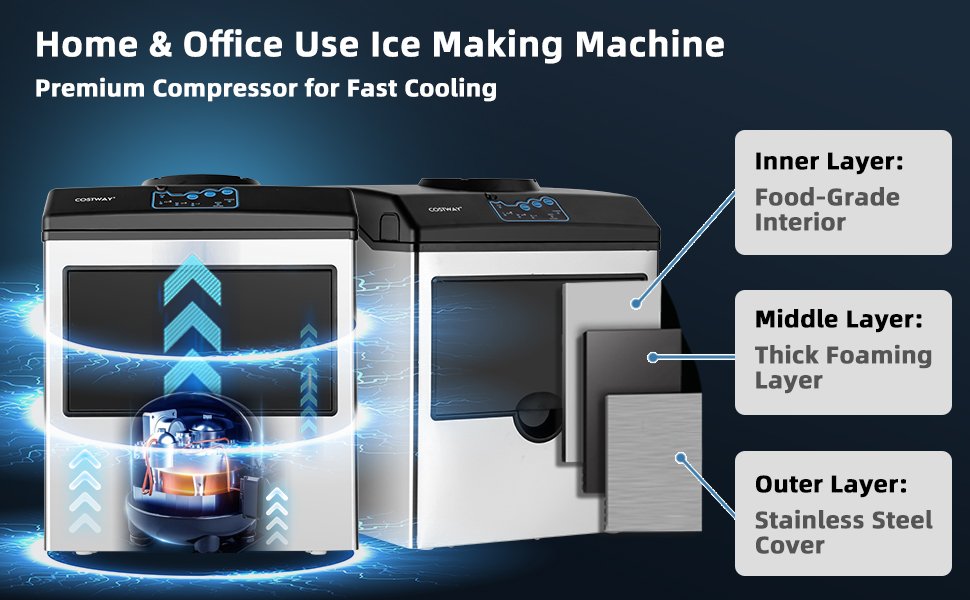 Home & Office Use Ice Making Machine, Premium Compressor for Fast Cooling. Inner Layer:Food-Grade Interior, Middle Layer: Thick Foaming Layer, Outer Layer: Stainless Steel Cover.