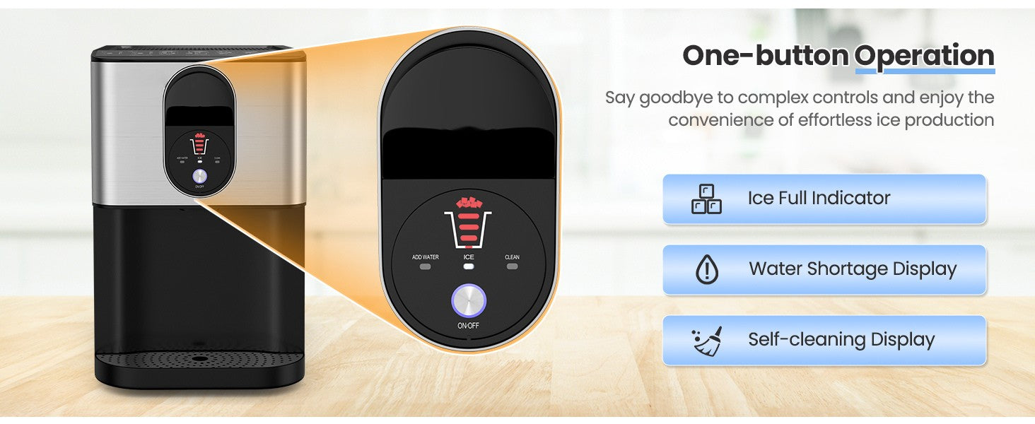 One-button Operation, Say goodbye to complex controls and enjoy the convenience of effortless ice production.Ice Maker screen includes: Ice Full Indicator, Water Shortage Display, Self-cleaning Display.