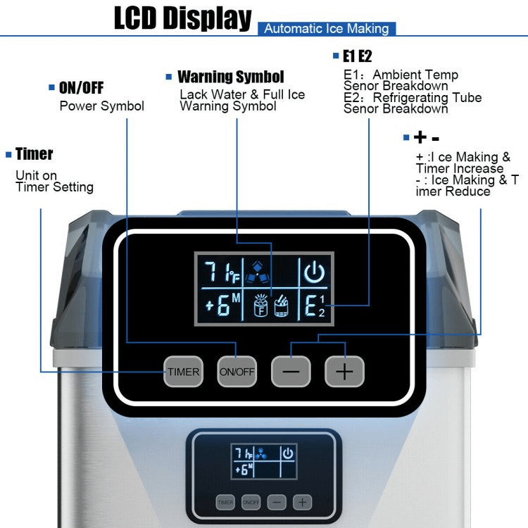Countertop lce Maker. Enjoy your icy food and drinksFast Ice Making, Stainless Steel Material, Easy to Operate, Low Noise.