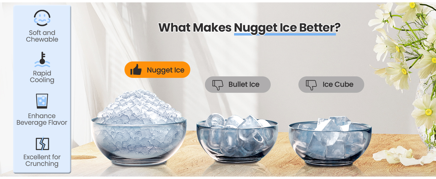 What Makes Nugget Ice Better? Soft and Chewable, Rapid Cooling, Enhance Beverage Flavor, Excellent for Crunching.