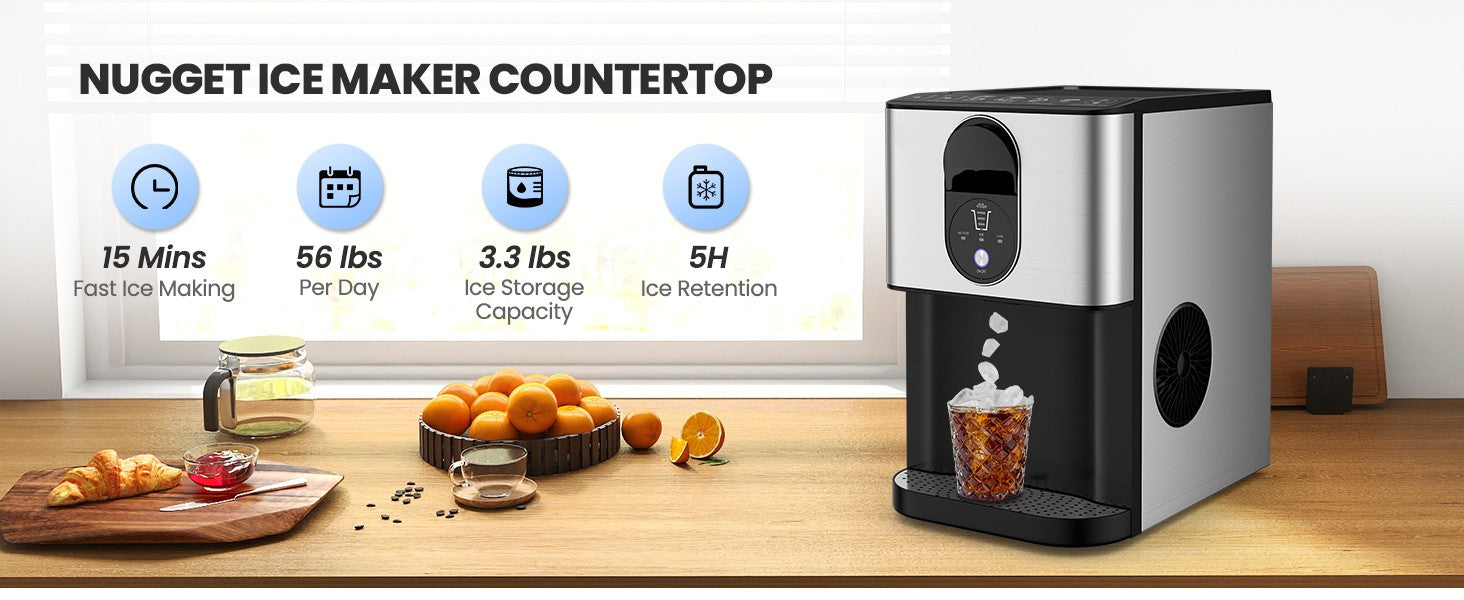 NUGGET ICE MAKER COUNTERTOP:15 Mins Fast Ice Making, 56 lbs Per Day, 3.3 lbs Ice Storage Capacity, 5H Ice Retention.